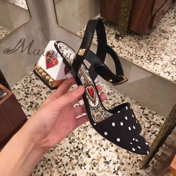 

sandals 2021 summer women's style retro polka dot fabric open toe thick high heels color matching heart print female 7fsc, Black