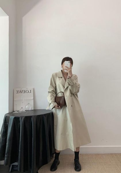 

women's trench coats autumn slim with belt midi windbreaker ladies solid color overcoat korean style fashion women coat, Tan;black