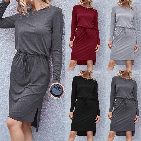 

casual dresses a-line women's dress lace up o-neck long sleeve loose solid comfortable autumn office lady work d30, Black;gray