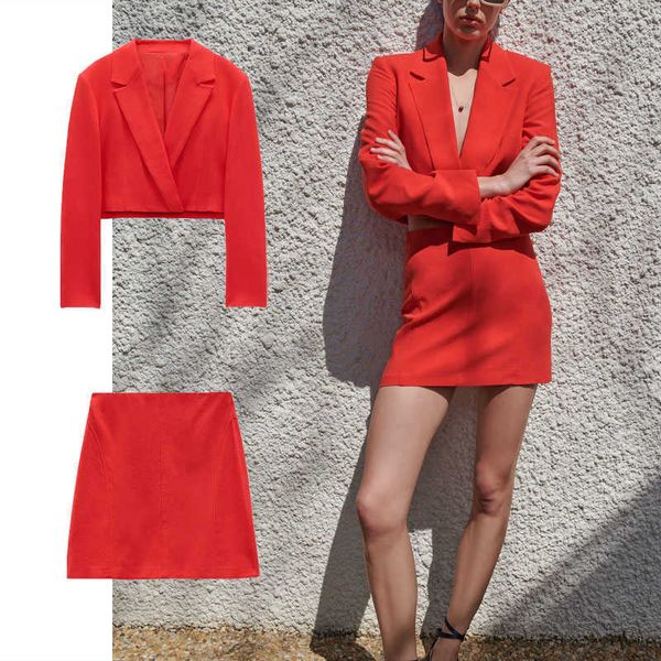 Za Red Cropped Blazer Frauen Langarm Wrap Zweireiher Leinen Blazer Mantel Frau Mode Vintage Sommer Oberbekleidung Top 210602