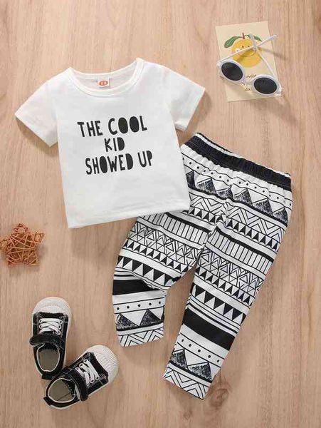 

baby slogan graphic tee & geo print leggings she, Blue