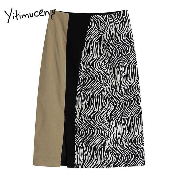 Yitimuceng Leopard Rock Frauen Patchwork Büro Dame Gerade Röcke Hohe Taille A-Line Kleidung Sommer Koreanische Mode 210601