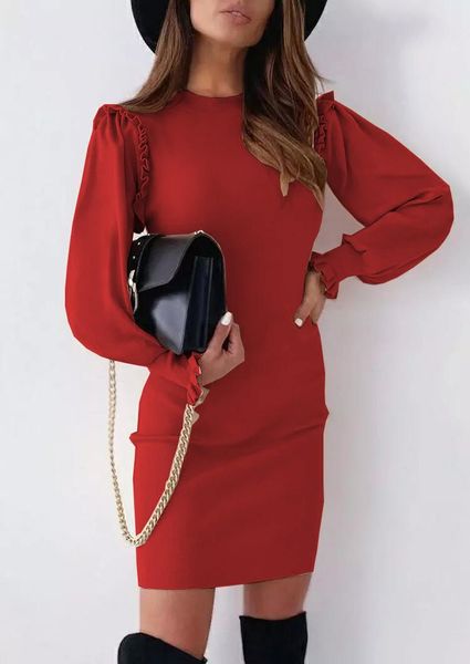 

casual dresses fashion sheath club dress women solid red black puff long sleeve ruffled elegant o neck slim vestidos plus size, Black;gray