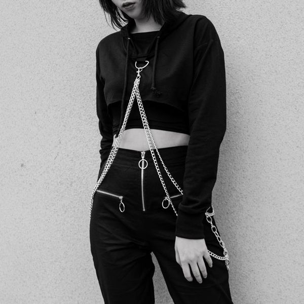 

women's hoodies & sweatshirts cozok punk metal chain solid black hoody harajuku hooded cropped goth grunge long sleeve women streetwea