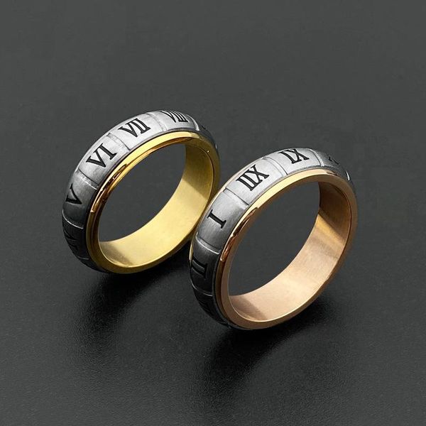 

cluster rings designs multicolor stainless steel wedding band ring for women fashion laser roman number spinner meditation jewelry, Golden;silver