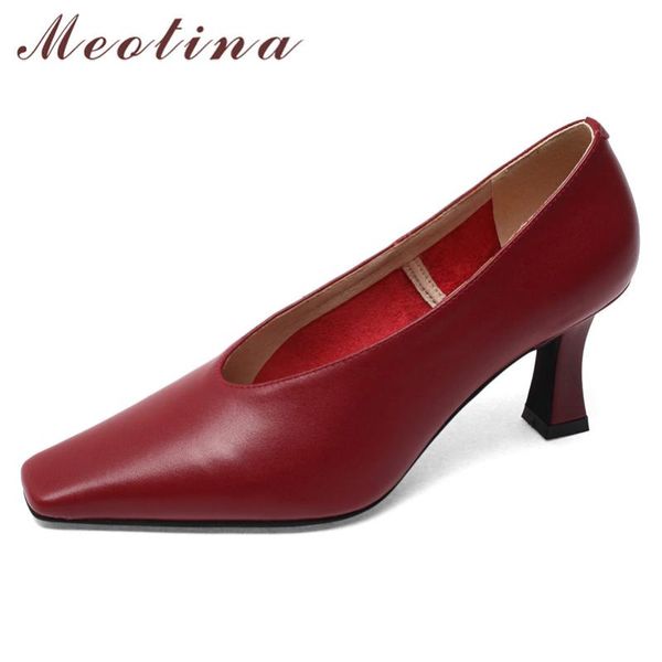 

dress shoes meotina genuine leather high heel glove women pumps square toe thin heels footwear lady autumn beige large size 40, Black