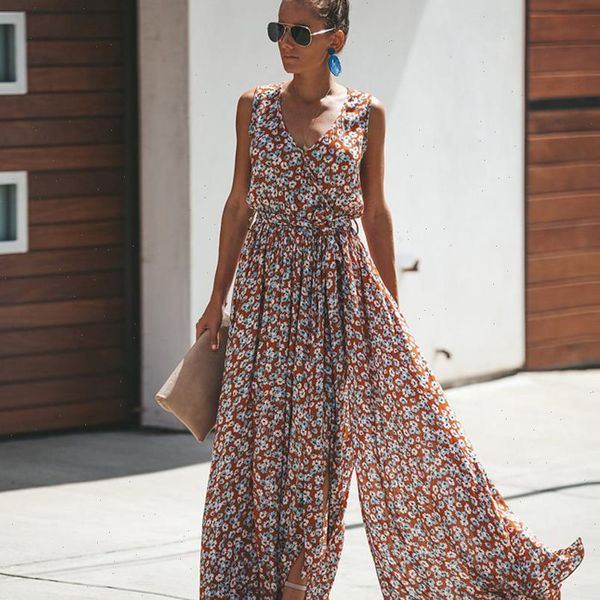 

maxi floral print women dresses v neck summer sleeveless split fork sundress loose gypsy boho vestido, Black;gray