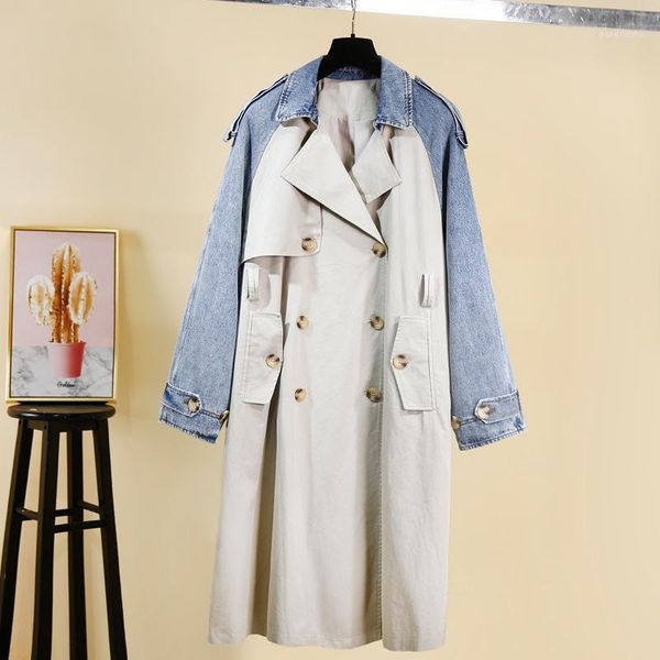 

women's trench coats ladies plus size windbreaker patchwork denim lapel long sleeve loose autumn and winter jacket 2021, Tan;black