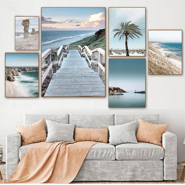 

paintings painting scandinavian living room decoration picture ocean sea beach bridge canvas poster nordic nature seascape wall art print
