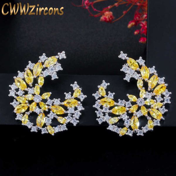 

unique elegant design silver color big leaf flower yellow z crystal drop earrings for women fashion jewelry cz621 210714