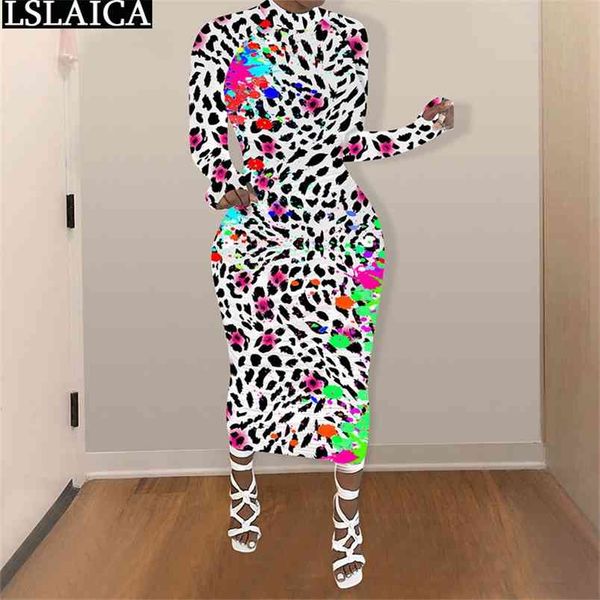 

woman dress tie dye leopard print long sleeve o neck female maxi autumn bodycon es high street kobieta sukienka 210515, Black;gray