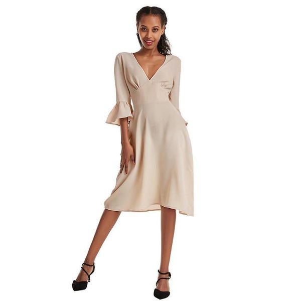 

fashion dresses women v neck summer bell sleeve solid color lace up party dress 2021 casual, Black;gray