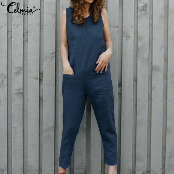 

women's jumpsuits & rompers celmia women retro linen long romper 2021 summer sleeveless jumpsuit pockets dungaree overalls casual harem, Black;white