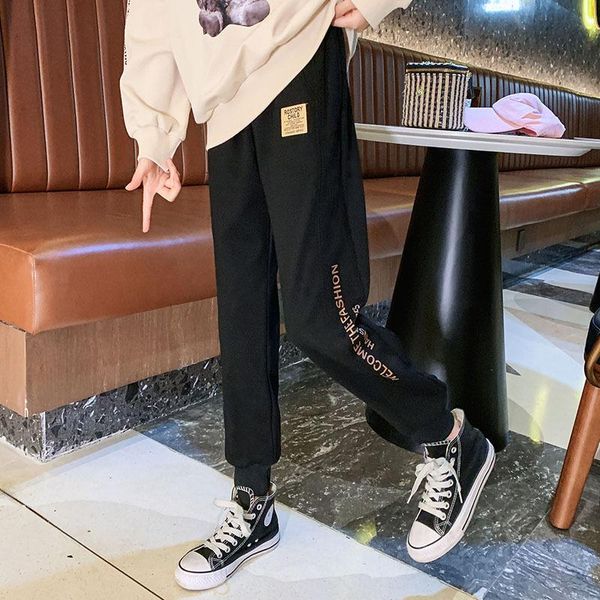 

trousers 2021 spring and autumn women's black casual pants fashion letter printing youth sports pants/beige 8-12 years old, Blue