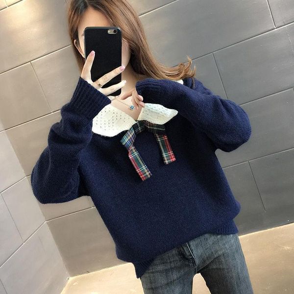 

women's sweaters doll collar japanese knitted women 2021 fashion casual loose hooded long-sleeved color-blocking sweater all-match, White;black