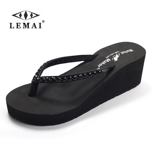 

crystal women wedges flip flops summer casual ladies beach slippers outdoor and home anti-skid shges for woman, Black