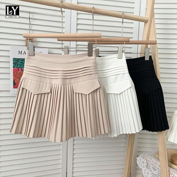 

skirts ly varey lin summer office lady slim a-line short pleated women casual high waist solid color mini, Black