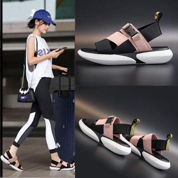 

fashion open toe sports sandals t-shaped buckle thick heel platform shoes 2021 women's summer flat casual slippers, Black
