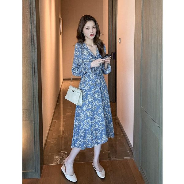 

casual dresses autumn women blue chiffon dress one piece long lady vintage floral printed v neck korean style vestidos 2021, Black;gray