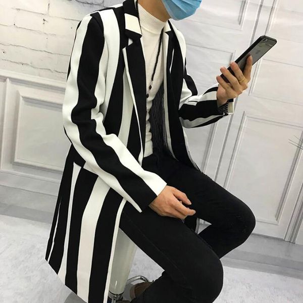 

men's suits & blazers 2021 spring thin long windbreaker men striped trend coat slim casual wild handsome hair stylist male clothing, White;black