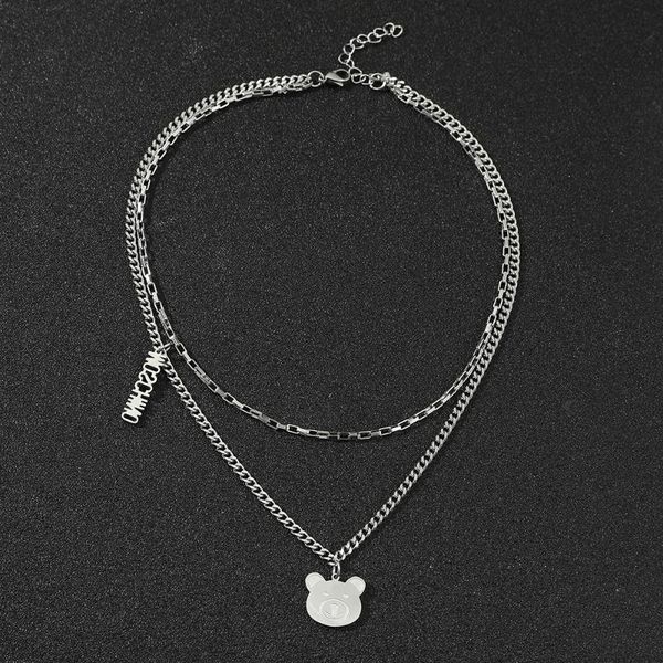 

chains cute little bear stainless steel pendant necklace double layer chain for women hip-hop punk cool collar jewelry gifts, Silver