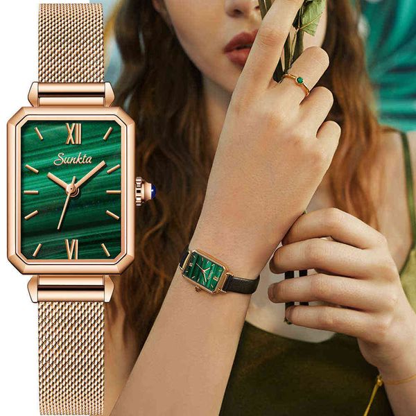 SUNKTA Watch Ladies Ultra-sottile Donna Orologi top brand di lusso moda rettangolare piccolo orologio da polso al quarzo impermeabile verde 210616