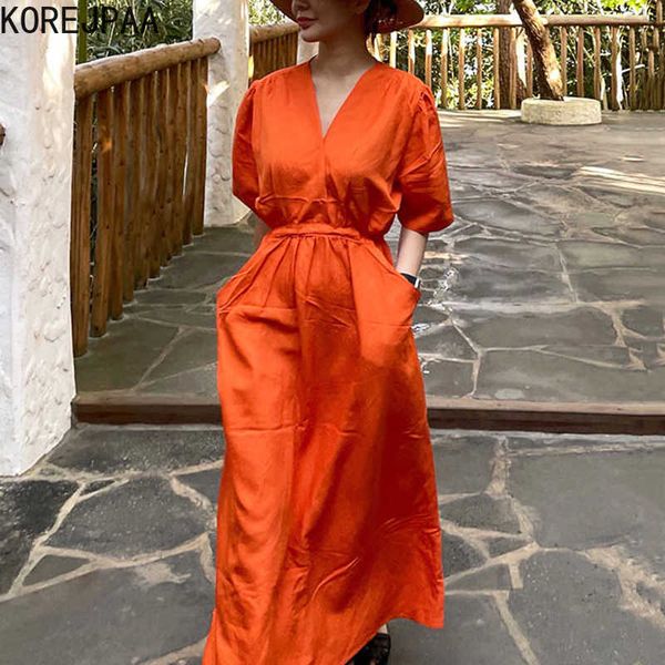 Korejpaa mulheres vestido coreano chique verão francês elegância simples v-pescoço laranja cintura grande bolso vestidos de manga curta 210526