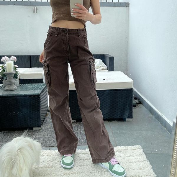 

women's jeans brown vintage baggy women 90s streetwear pockets wide leg cargo pants low waist straight denim trousers 2021, Blue
