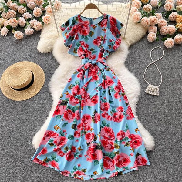 

party dresses women french floral dress elegant fashion o neck sashes a-line summer bohemian casual vacation long sundress, White;black