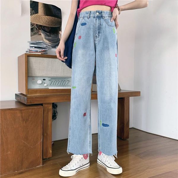 

women's jeans for women loose high waist vintage washed split fashion color embroidery casual straight leg pants, Blue