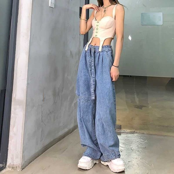 

large ripped jeans women's straight loose autumn korean version high waist drape wide leg pants old trend 210526, Blue