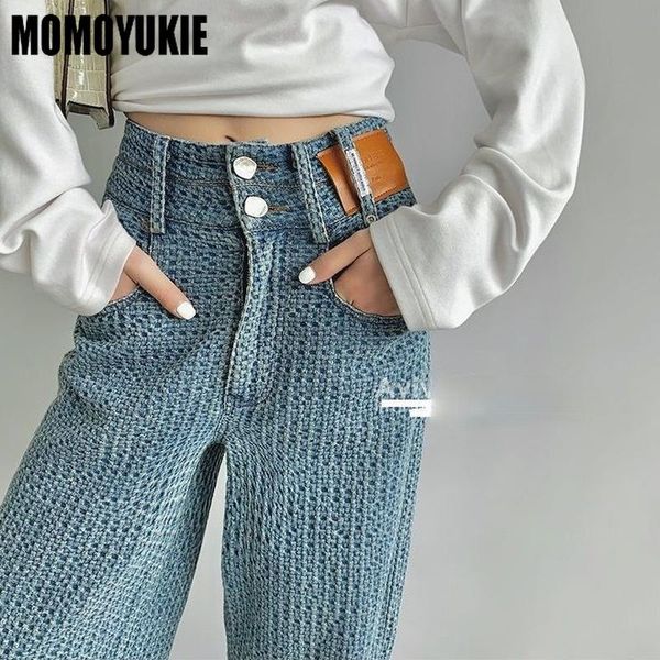 

women's jeans pants straight leg women high waist knitted plaid loose autumn winter casual washed mom fashion trousers, Blue