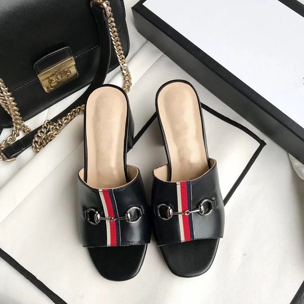 

classic 2021 summer new european lady slippers metal buckle genuine leather fashion women slippers women middle heel sandals size us3.5-us11, Black