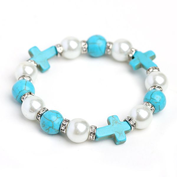 

cross beaded bracelets for women girls 10 mm turquoise pearl strands beads bracelet fahsion jewelry 3 colors, Black