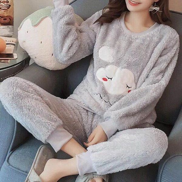 

zity flannel long sleeved women sleepwear pajamas winter home service suit wom cute autumn thickening plus velvet coral fleece, Black;red