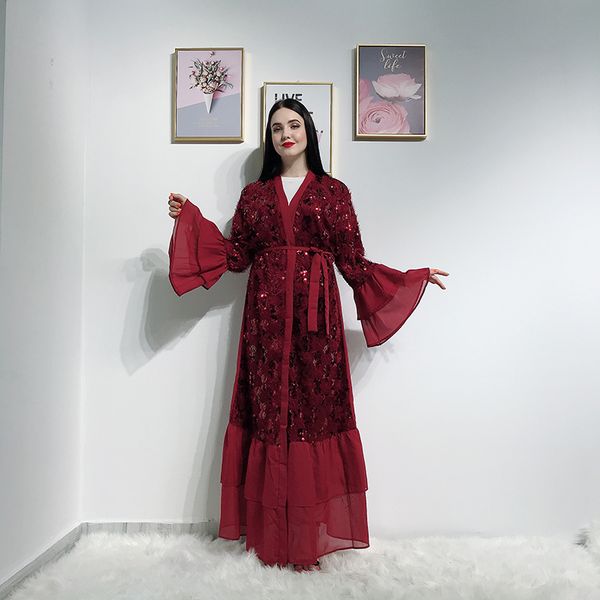 

sequin tassel kimono abaya dubai kaftan islam muslim hijab dress abayas for women caftan turkish dresses islamic clothing robe, Red