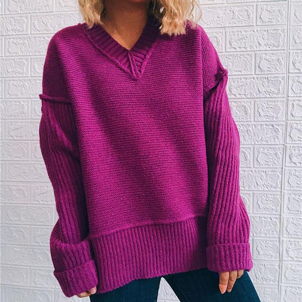 

women's sweaters 2021 autumn winter women sweater solid color v-neck long sleeve personalized fake reverse knitted pullover, White;black