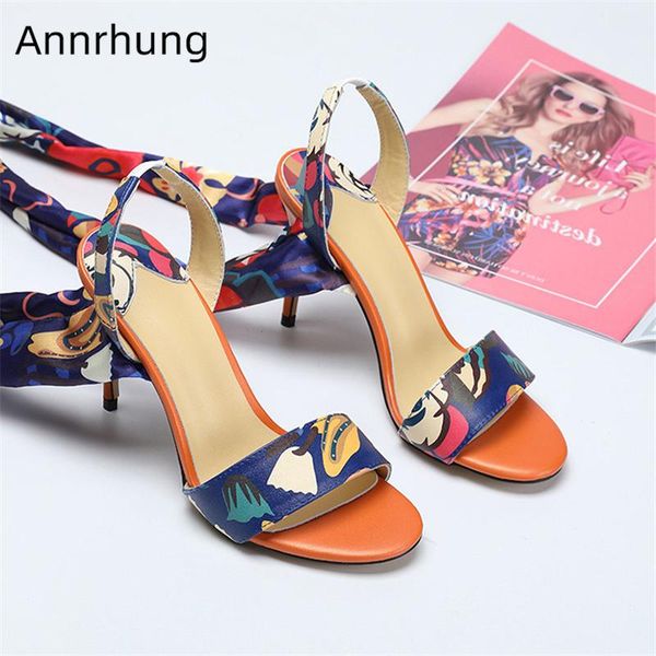 

printed color satin ribbons sandals women 10cm thin heel back strap ankle wrap cross-tied open toe summer shoes woman, Black