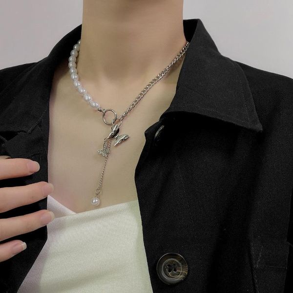 

chains trendy jewelry butterfly pendant necklace delicate design simulated pearl asymmetrical chain for girl lady gifts, Silver
