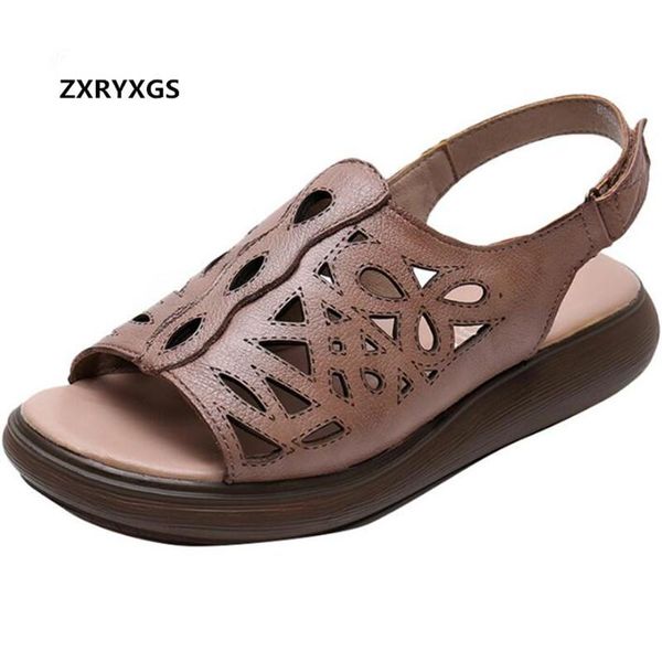 

most 2021 hollow cowhide summer leather sandals women casual comfortable flat wdges shoes woman, Black