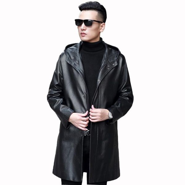 

men's leather & faux jacket coats 2021 autumn winter the first layer of cowhide leathe dust coat lapels male business casual trench 5xl, Black