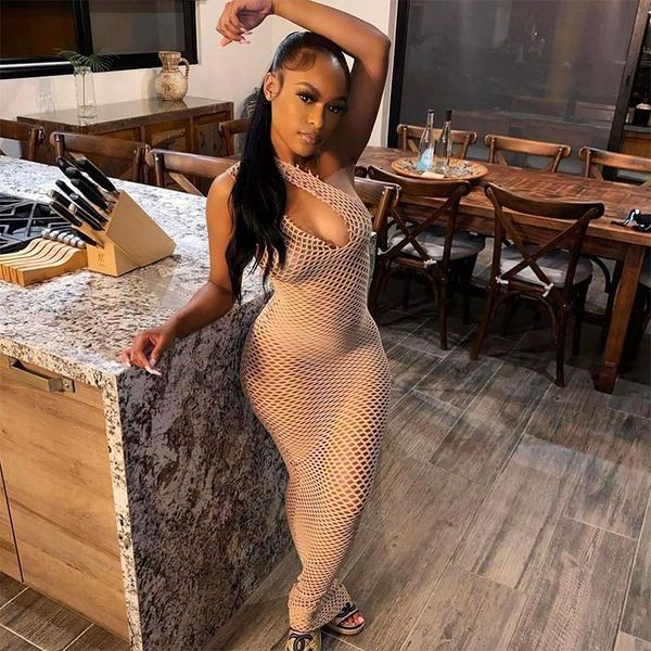 

casual dresses bodycon lady beach dress hollow party clubwear summer sundress midi one shoulder perspective mesh 2021 women m0629, Black;gray