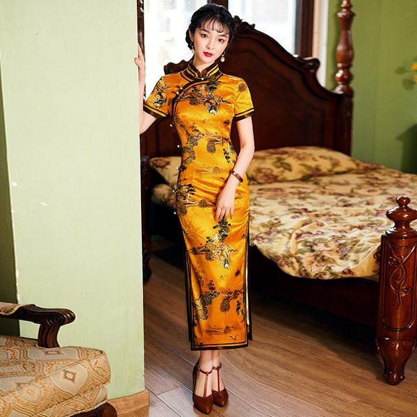 

ethnic clothing chinese style yellow print xiangyun cheongsam silk vintage women qipao slim dress elegant long vestidos plus size 4xl, Red