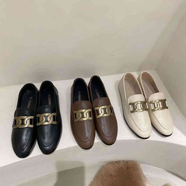 

dress shoes 2021 spring flats brand design chain round toe flat casual loafers soft pu leather ballet zapatos mujer z2ky, Black
