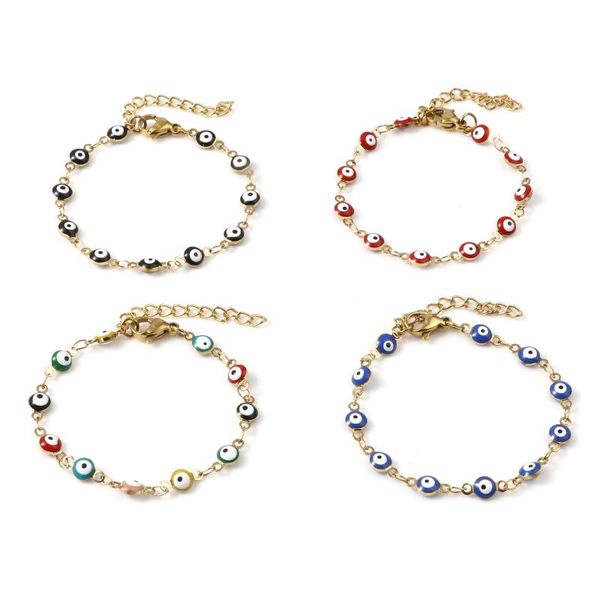 

link, chain 1 pc stainless steel religious bracelets gold plated multicolor round evil eye enamel bracelet anklet fashion jewelry13.5cm long, Black