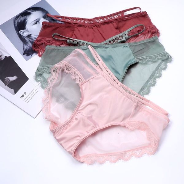 

lce silk panties hollow edge transparent women needless underwear breifs fasion back bandage knickers bikini lingerie, Black;pink