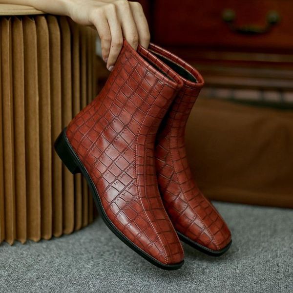 

boots designer women genuine leather ankle square toe fashion warm winter short big 46 shoes q8838, Black