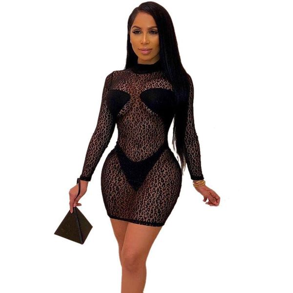 

casual dresses leopard printed sheer lace dress women see through long sleeve bodycon mini night club party with underwear, Black;gray