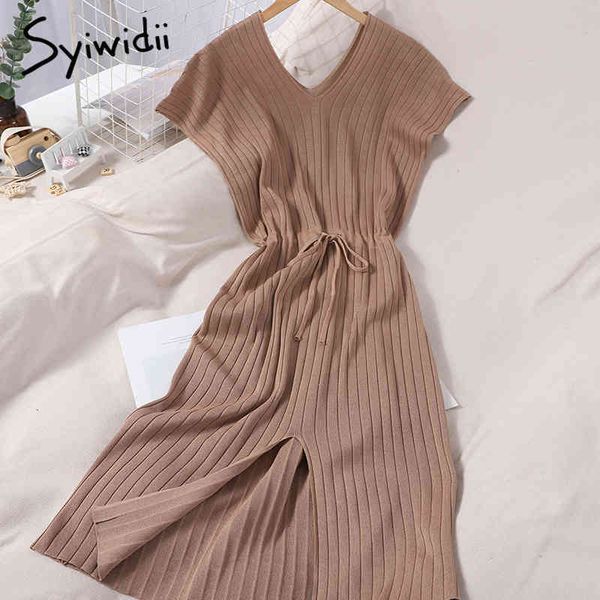 

syiwidii fashion high waist tank dresses women lace up screw thread sleeveless v-neck a-line slit solid summer korean 210417, Black;gray