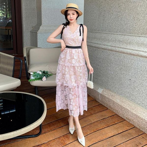 

casual dresses luxury design runway dress 2021 arrive women summer v-neck pink lace cake long vestidos, Black;gray